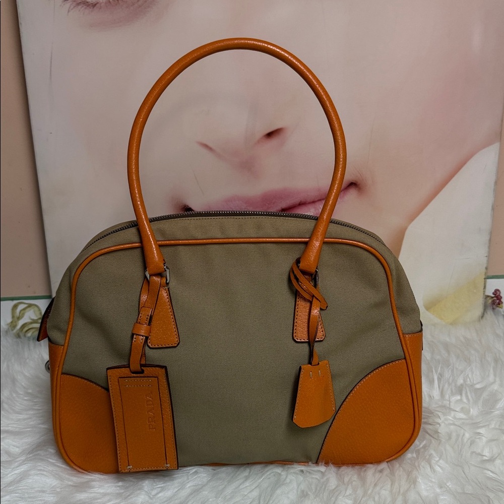 Prada Canapa + Cinghi Orange Leather Handbag/Tote travel